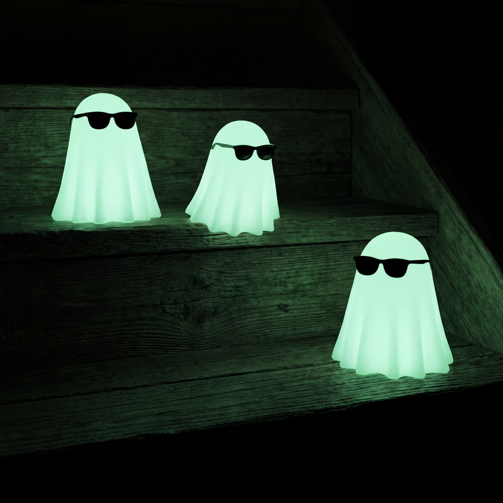 The three ghost figurines glowing luminous green in a dark room on wooden stair treads