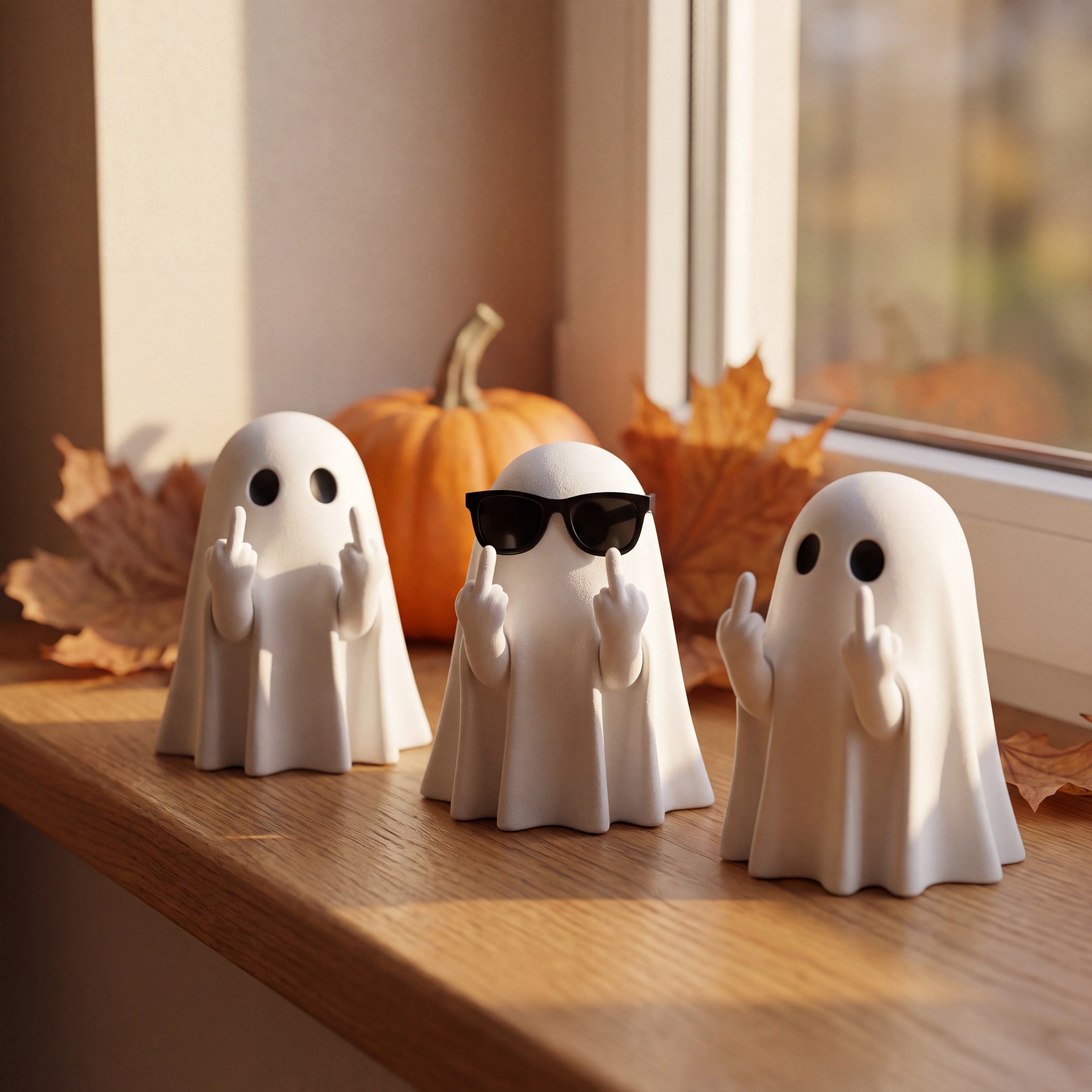 The ghost figurines styled on an oak windowsill in warm October afternoon light with a small pumpkin behind