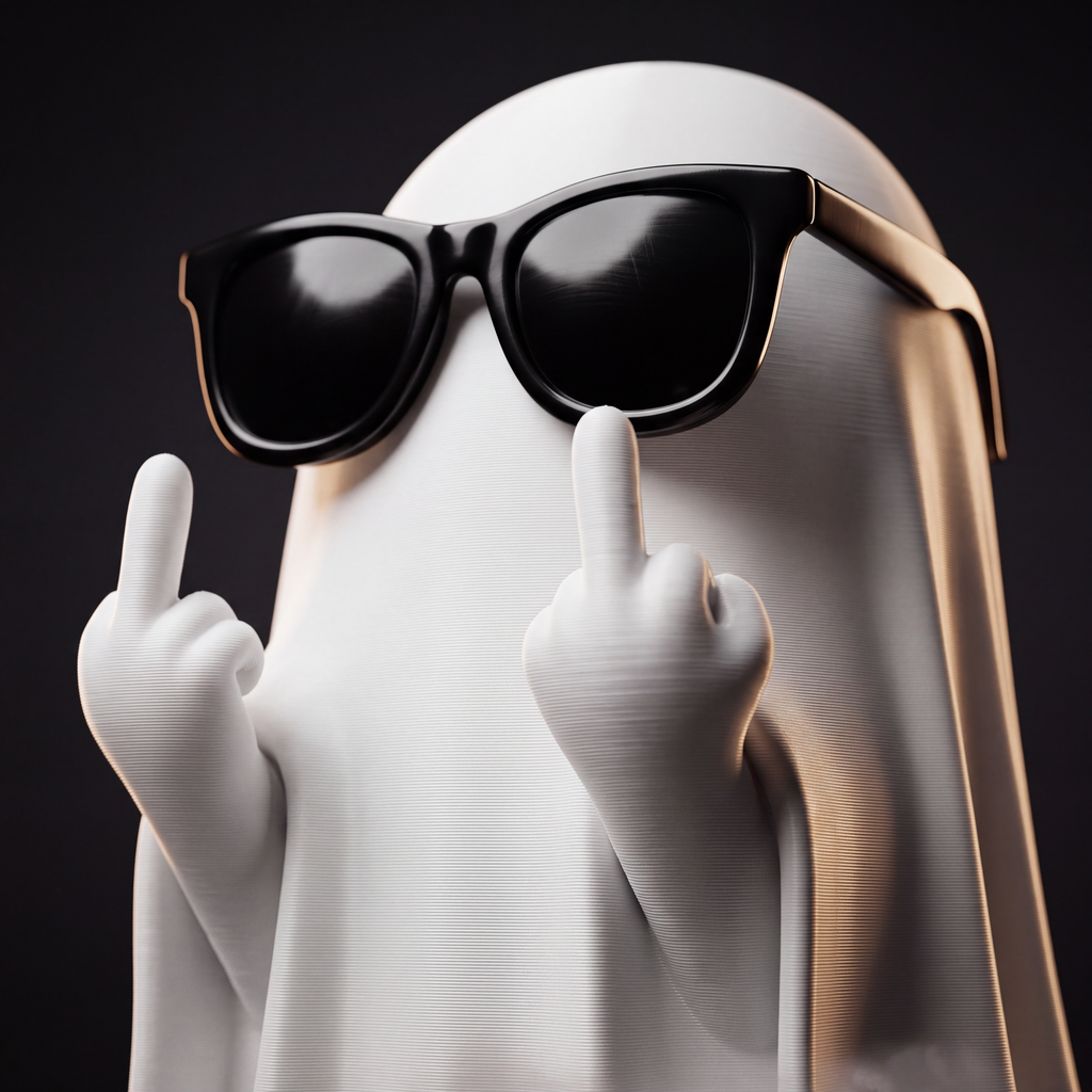 Macro close-up of one ghost figurine in sunglasses showing the fine 3D print layer lines in the matte white surface