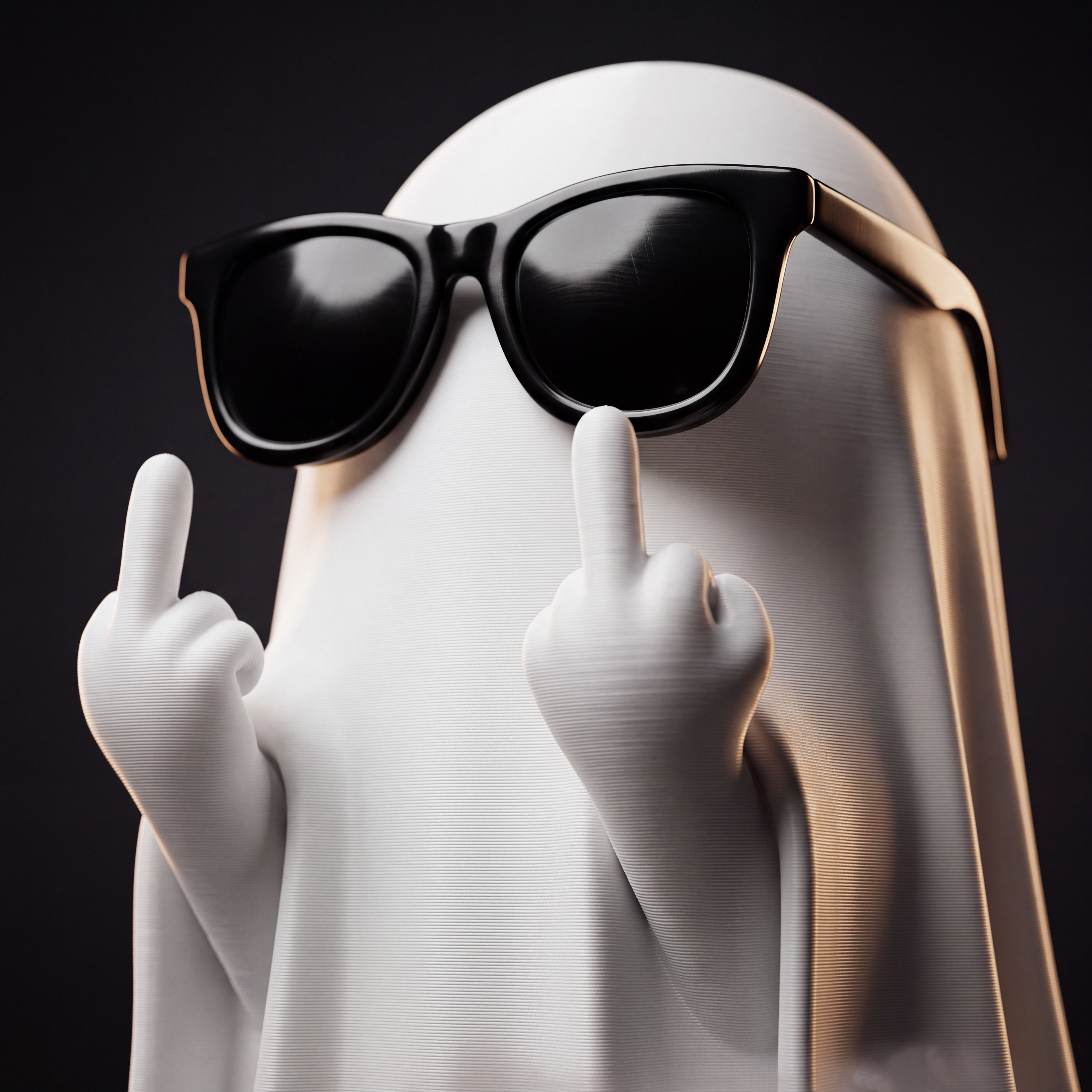 Macro close-up of one ghost figurine in sunglasses showing the fine 3D print layer lines in the matte white surface